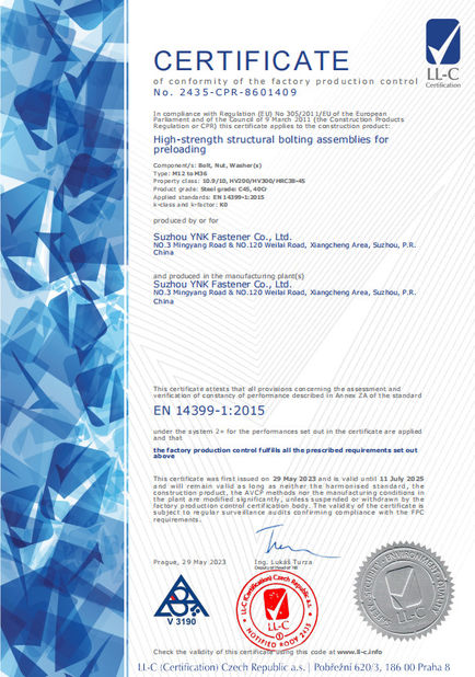 چین Suzhou YNK Fastener Co., Ltd. گواهینامه ها