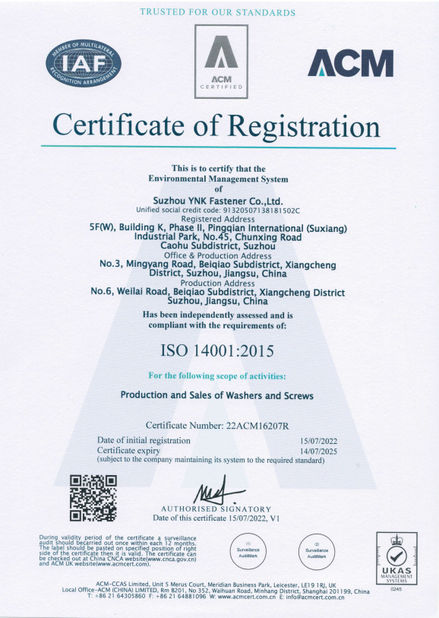 چین Suzhou YNK Fastener Co., Ltd. گواهینامه ها
