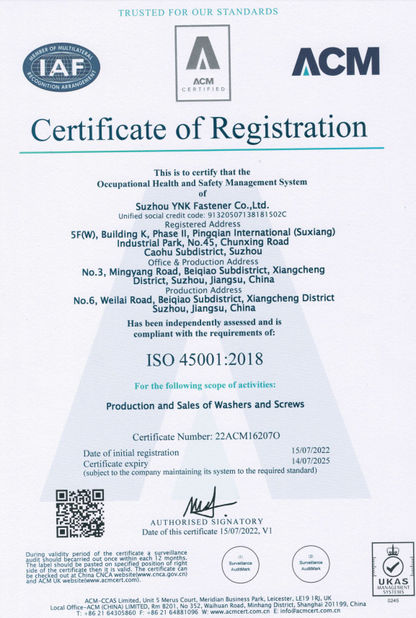 چین Suzhou YNK Fastener Co., Ltd. گواهینامه ها